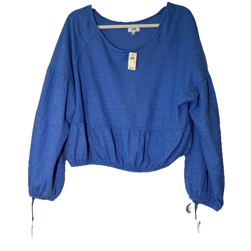 Aerie Peplum Top Women's Blue NWT Textured Balloon Sleeve Tie Cuff Size M